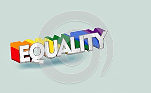Silver EQUALITY word with rainbow outline. LGBT equality symbol concept. Isolated on pastel green background with copy space. 3D