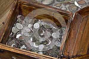 Silver Escudo coins of Portugal in a wooden box