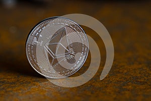Silver ethereum coin close-up