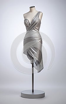 Silver evening short dress on a mannequin.