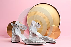 Silver female shoes and decor on pink background