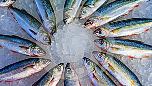 Silver fish arranged in a circular pattern on crushed ice