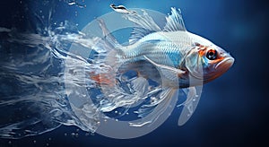 a silver fish with orange and white fins and tail in water