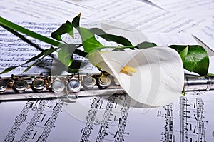 Silver flute and sheet music, flower