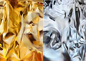 Silver foil and gold foil. Shine silver and gold texture. 3d realistic foil. Vector illustration photo