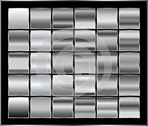 Silver foil texture set background. Vector shiny and metal steel gradient collection for chrome border, iron frame