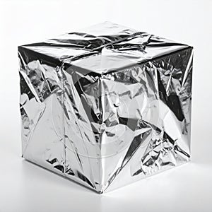 Silver Foil Wrapped Cube on White Background
