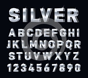 Silver font. 3d steel chrome alphabet. Metal letters and numbers, metallic platinum typography decorations. Modern