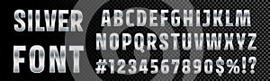 Silver font numbers and letters alphabet typography. Vector chrome metallic silver font type, 3d metal texture gradient effect