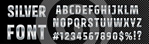 Silver font numbers and letters alphabet typography. Vector chrome metallic silver font type, 3d metal texture gradient photo