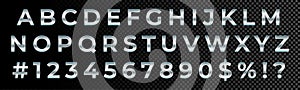 Silver font numbers and letters alphabet typography. Vector silver metallic font type, 3d metal chrome glossy