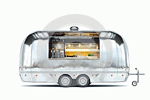 Silver food trailer with detailed interior isolated on white. 3d rendering.