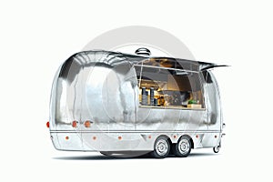 Silver food trailer with detailed interior isolated on white. 3d rendering.