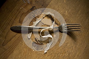 Silver fork tied in ribbon