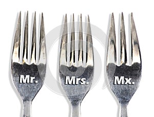 Silver forks with MR.,Mrs and Mx .