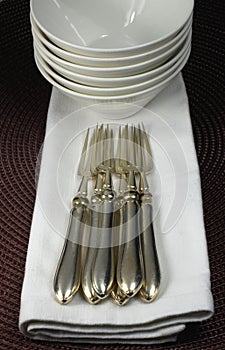 Silver forks, porcelaine bowls and napkins