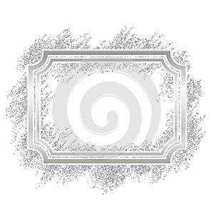 Silver frame. Beautiful glitter design. Vintage style decorative border, isolated white background. Deco elegant luxury