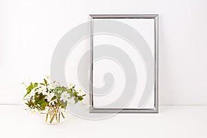 Silver frame mockup with Rue Anemone flowers