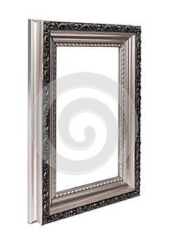 Silver frame for paintings, mirrors or photo in perspective view isolated on white background. Design element with clipping path