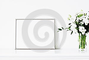 Silver frame on white furniture, luxury home decor and design for mockup, poster print and printable art, online shop