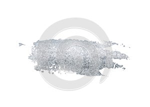 Silver glitter foil brush stroke vector. Argent paint smear background isolated on white. Glow metal pattern