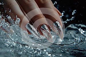 Silver Glitter Nails with Water Splashes
