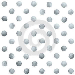 Silver glitter paint brush circle dot stains pattern of abstract dab smear smudge texture on white background. Isolated glittering