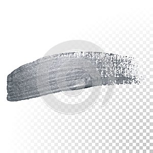 Silver glitter paint brush stroke or abstract dab smear with smudge texture on transparent background. Vector isolated glittering