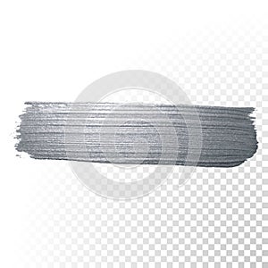 Silver glitter paint brush stroke or abstract dab smear with smudge texture on transparent background. Vector isolated glittering