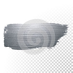 Silver glitter paint brush stroke or abstract dab smear with smudge texture on transparent background. Vector isolated glittering