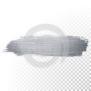 Silver glitter paint brush stroke or abstract dab smear with smudge texture on transparent background. Vector isolated glittering