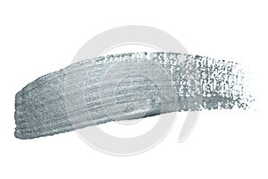 Silver glitter paint brush stroke or abstract dab smear with smudge texture on white background. Isolated glittering and sparkling