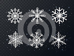 Silver glitter snowflakes collection on transparent background. Shining Christmas design with sparkles and stars. Winter