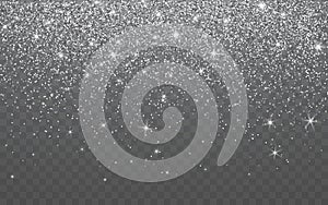 Silver glitter sparkle on a transparent background. Vibrant background with twinkle lights. Vector illustration