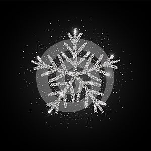 Silver glitter texture snowflake hand drawn icon on black background. Shiny Christmas, New year and winter sparkling metal snow