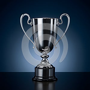 Silver glowing trophy cup on dark background, epitome of success and achievement photo