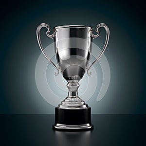 Silver glowing trophy cup on dark background, epitome of success and achievement photo