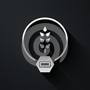 Silver Gluten free grain icon isolated on black background. No wheat sign. Food intolerance symbols. Long shadow style