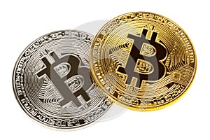 Silver and gold bitcoin coins isolated on white. Close up image. Electronic cryptography currency money exchange concept.