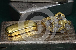 Silver & Gold Bullion Bars (Ingots) and Gold / Quartz Specimen photo