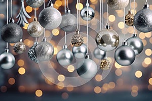 silver and gold christmas balls hanging with defocused lights background