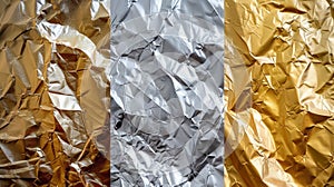 Silver and gold foil background, crumpled metal texture background, folded wrapping paper and wrinkled fabric, realistic