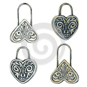 Silver and gold heart-shaped locks from an antique writing set. Watercolor illustration for design template for