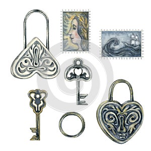 Silver and gold heart-shaped locks, keys and old stamps. Watercolor illustration for design template for wedding