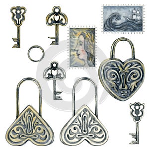 Silver and gold heart-shaped locks, keys and old stamps. Watercolor illustration for design template for wedding