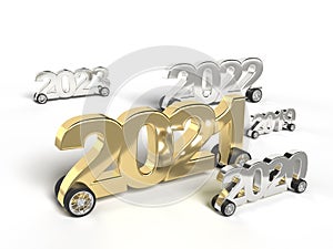 Silver and gold number 2021 on wheels during winner race with 2020 and 2022