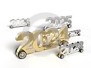 Silver and gold number 2024 on wheels during winner race with 2023 and 2025