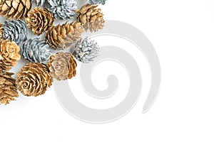 Silver and Gold Pinecones on White Background. Winter, Holiday, Christmas, Background