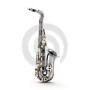A shiny silver and gold saxophone on a clean white background photo