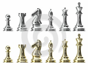 Silver and gold set of icons for chess, on white background, intelligent game, 3d rendering